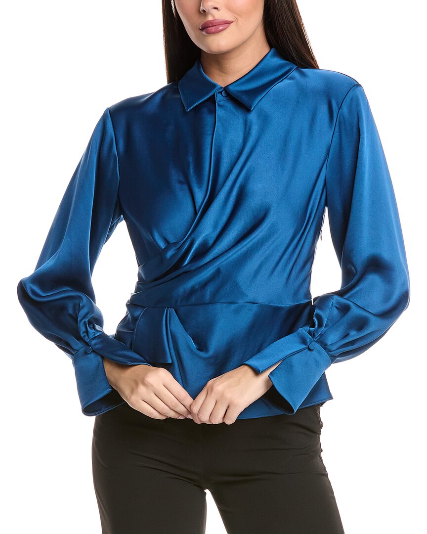 Simkhai Satin-finish Long-sleeve Blouse With Draped Front In Blue