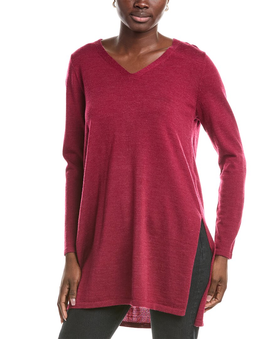 Eileen Fisher V-neck Tunic Wool Sweater In Burgundy