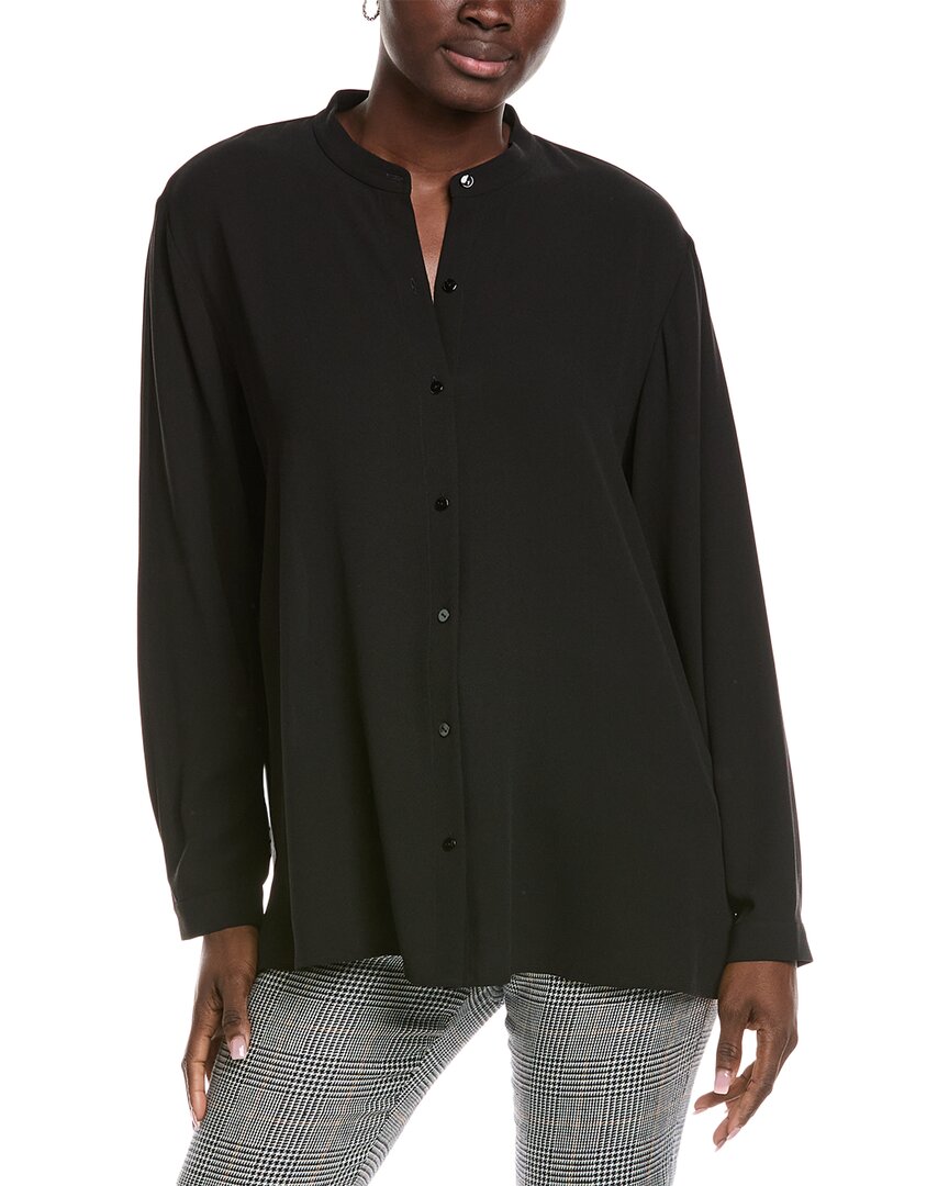 Eileen Fisher Silk Georgette Crepe Mandarin Collar Shirt In Black