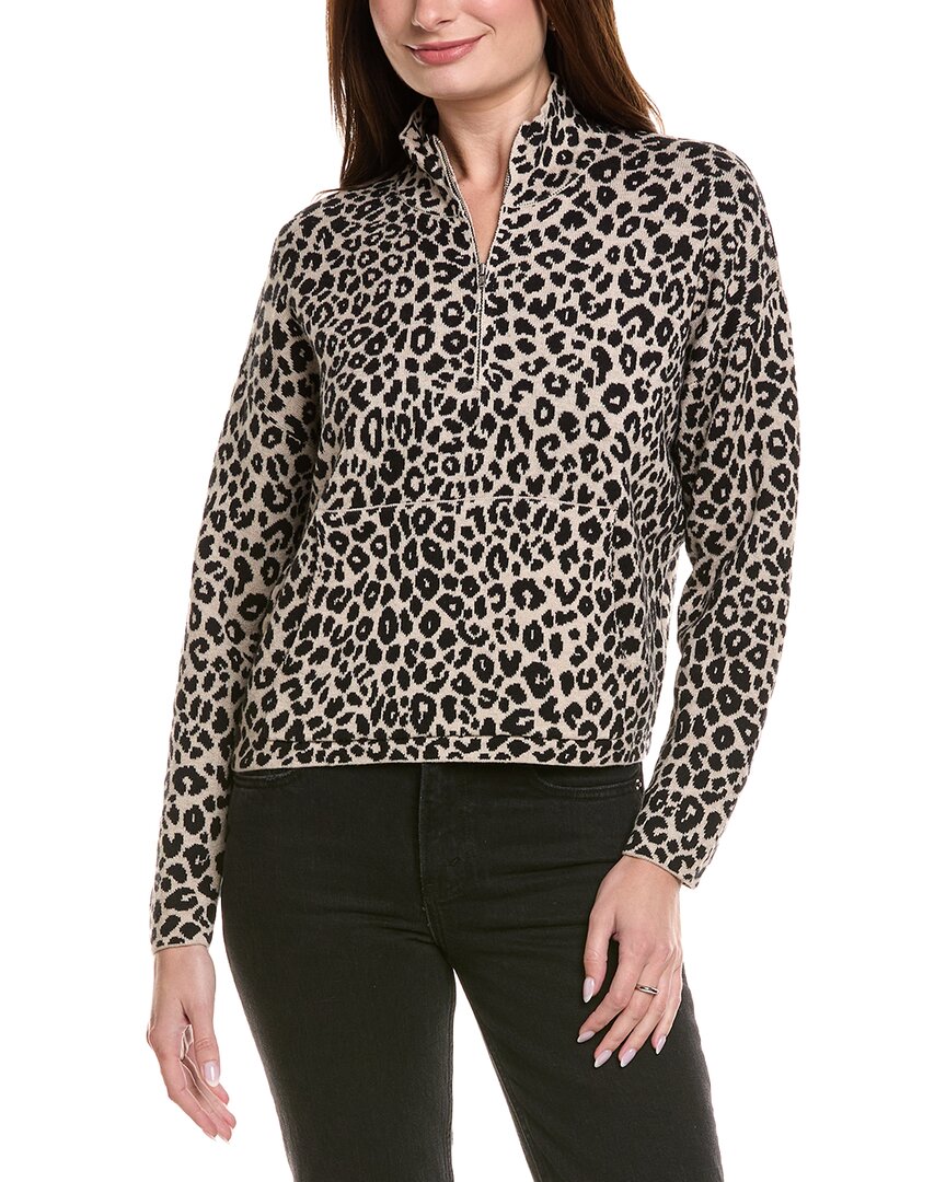 Hannah Rose Leopard Zip Cashmere-blend Pullover In Black