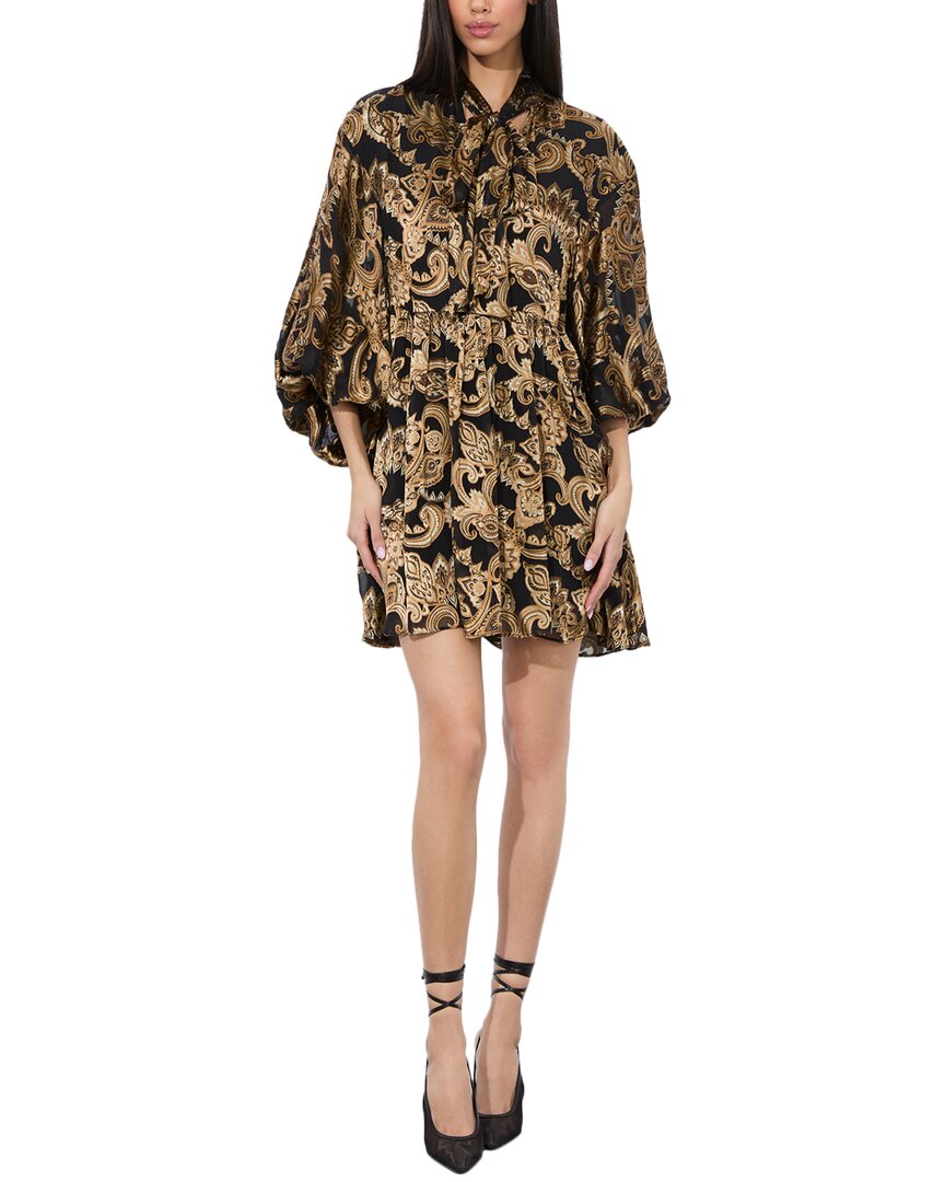 Alice And Olivia Opal Tie Neck Poet Sleeve Silk-blend Tunic Dress In Black