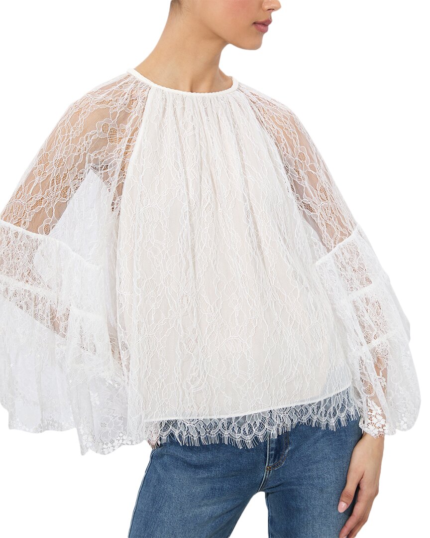 Alice And Olivia Delia Ruffle Angel Sleeve Tunic Top In White