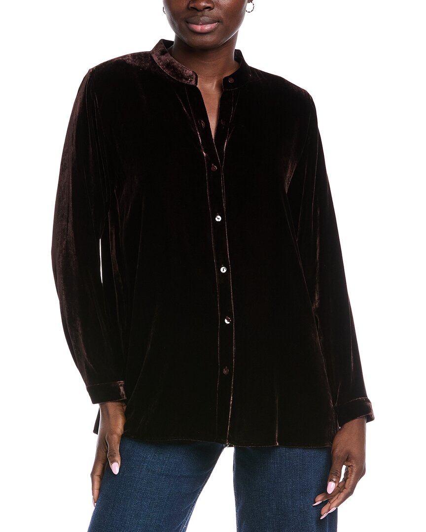 Eileen Fisher Petite Mandarin Collar Long Silk-blend Shirt In Black