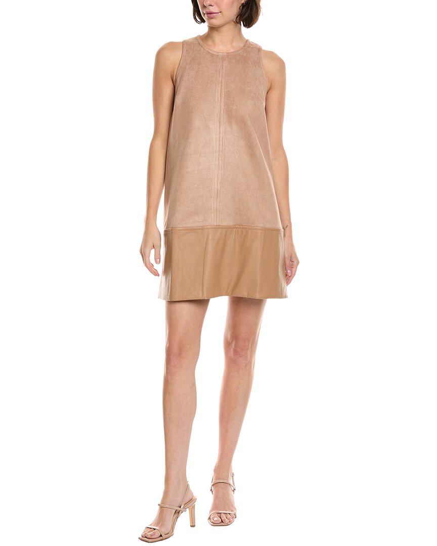 Fate Amber Contrast Faux Leather Hem Sleeveless Suede Shift Dress In Tan In Brown