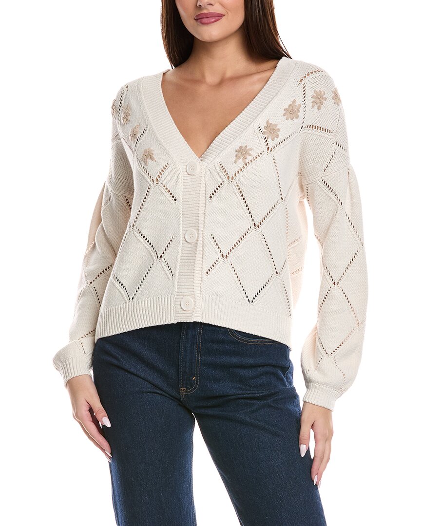 Splendid Primrose Embroidered Pointelle Stitch Cardigan In Neutral