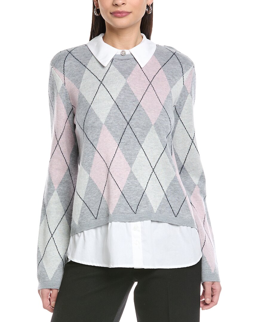 Cece Argyle Twofer Wool-blend Sweater In Gray