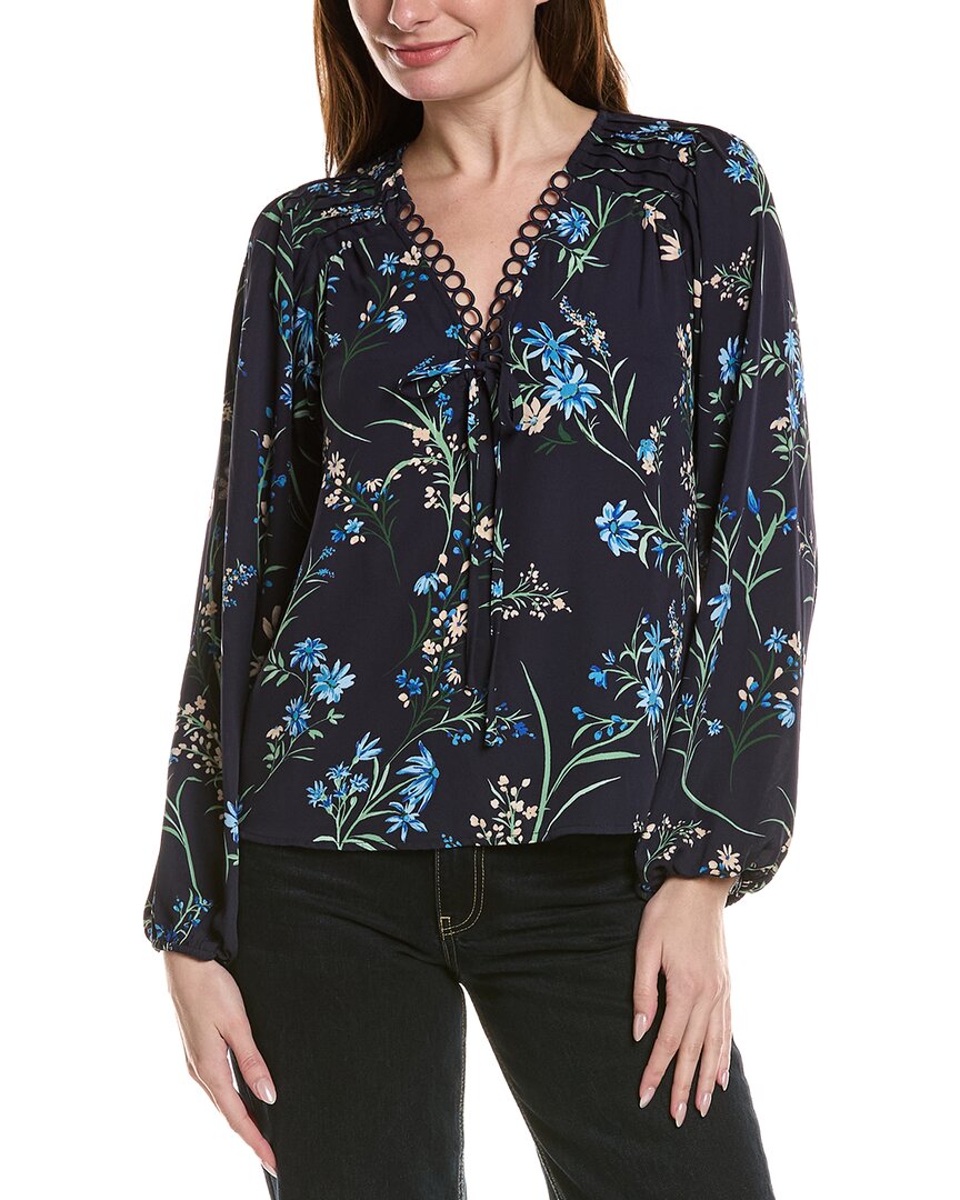 Cece Pintuck Printed Blouse In Navy