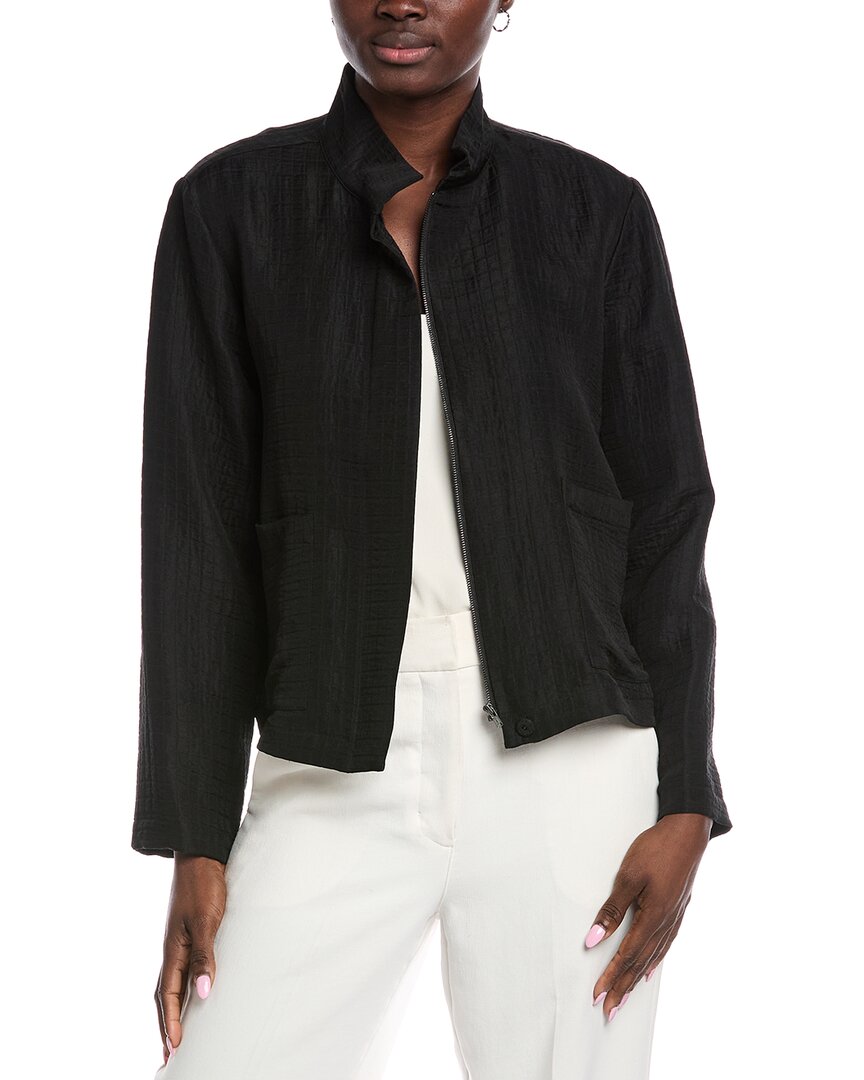 Eileen Fisher Stand Collar Silk & Linen-blend Jacket In Black