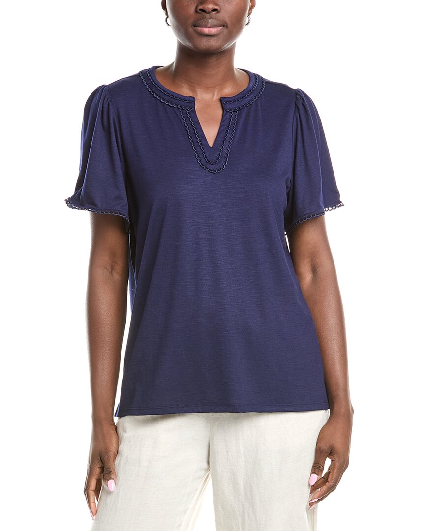 Jones New York Womens Drapey Split Neck Short Sleeve Top Xs Pxl In Blue