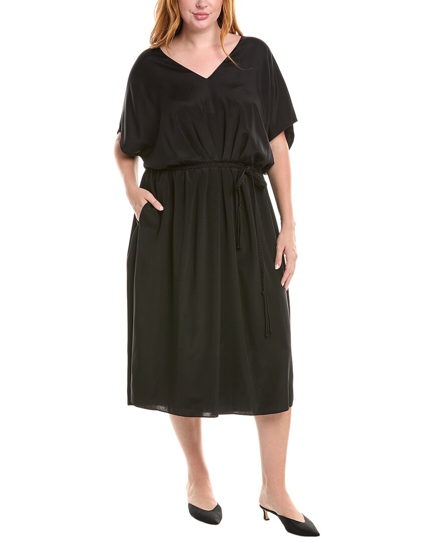 Lafayette 148 New York Plus Pleated Tie Waist Silk-blend Midi Dress In Black