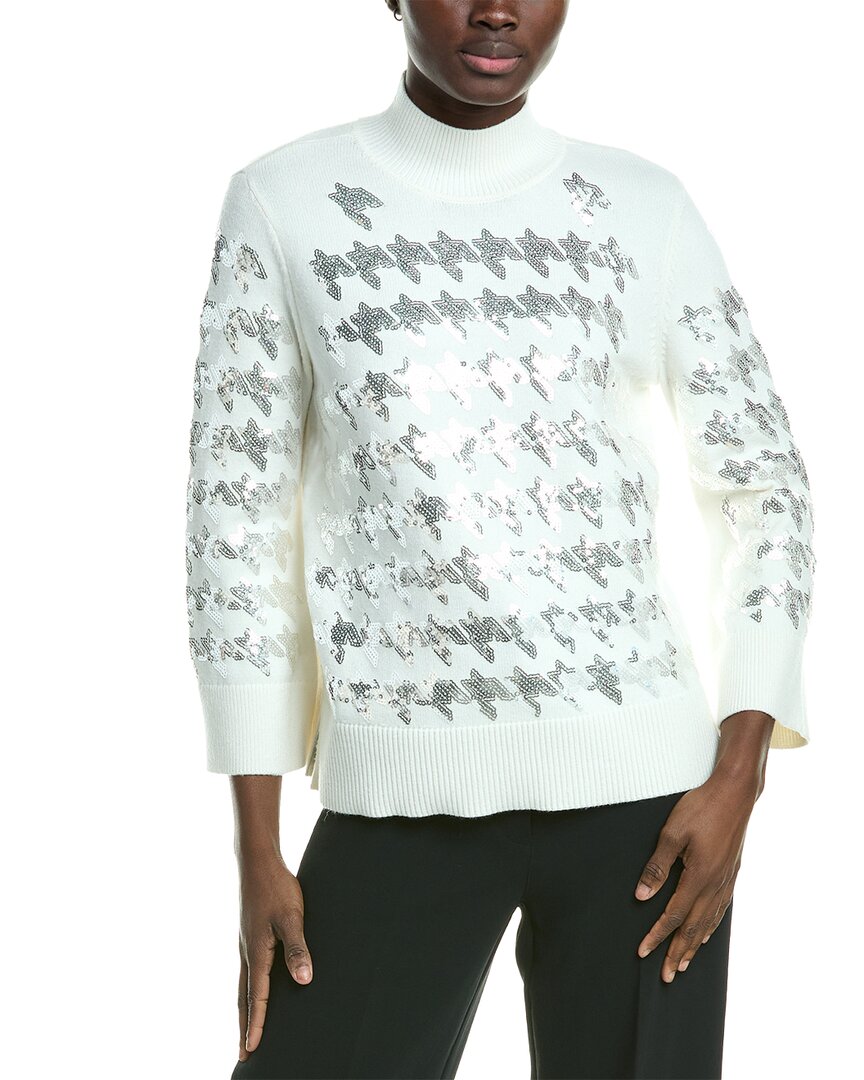 Anne Klein Sequin Houndstooth Mock Neck Sweater In White