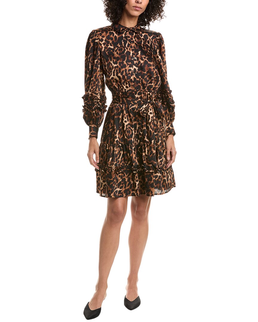 Anne Klein Leopard Tie Waist Long Sleeve Shirtdress In Animal Print