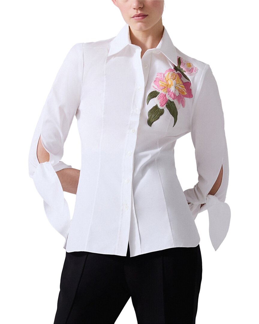 Carolina Herrera Floral Embroidered Tie-sleeve Button-down Shirt In White