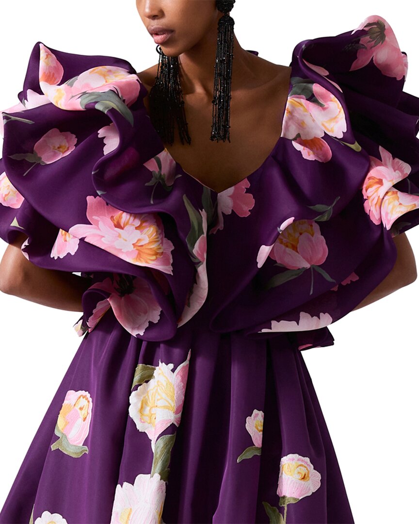 Carolina Herrera V-neck Folded Ruffle Silk Top In Purple