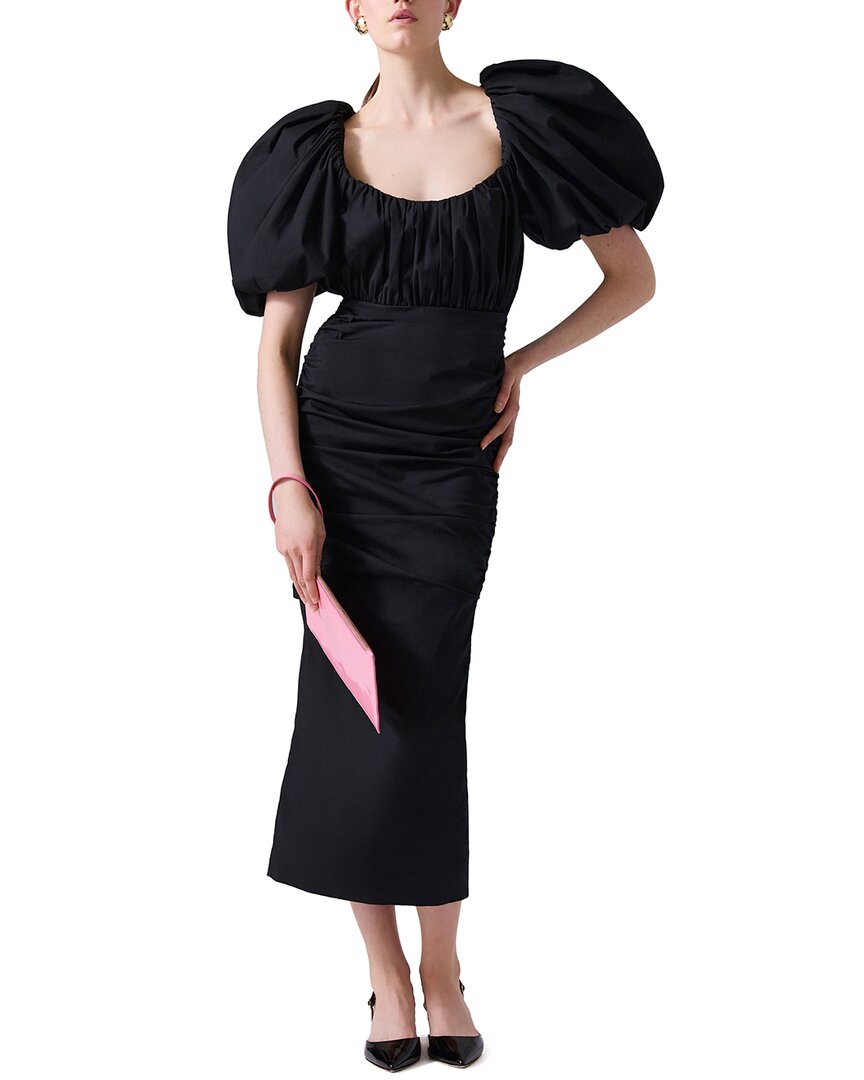 Carolina Herrera Puff Sleeve Scoop Neck Ruched Midi Dress In Black