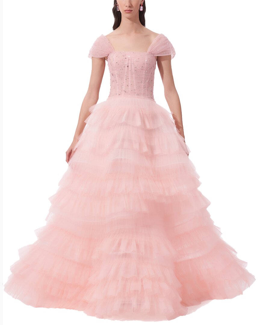Carolina Herrera Off-shoulder Pleated Tulle Ruffle Gown In Pink
