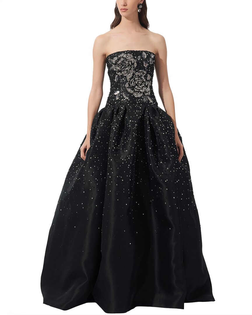 Carolina Herrera Rose Embellished Strapless Drop-waist Silk Gown In Black