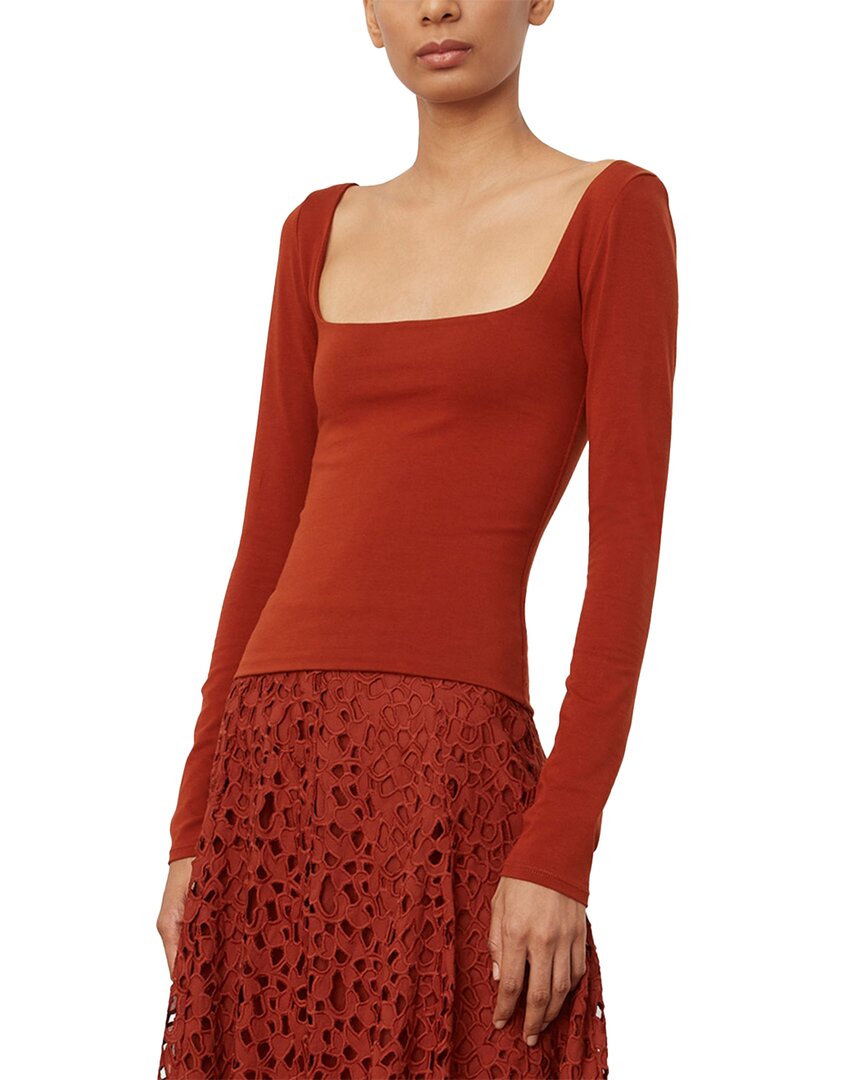 Vince Square Neck Long Sleeve Stretch Cotton Knit Top In Brown