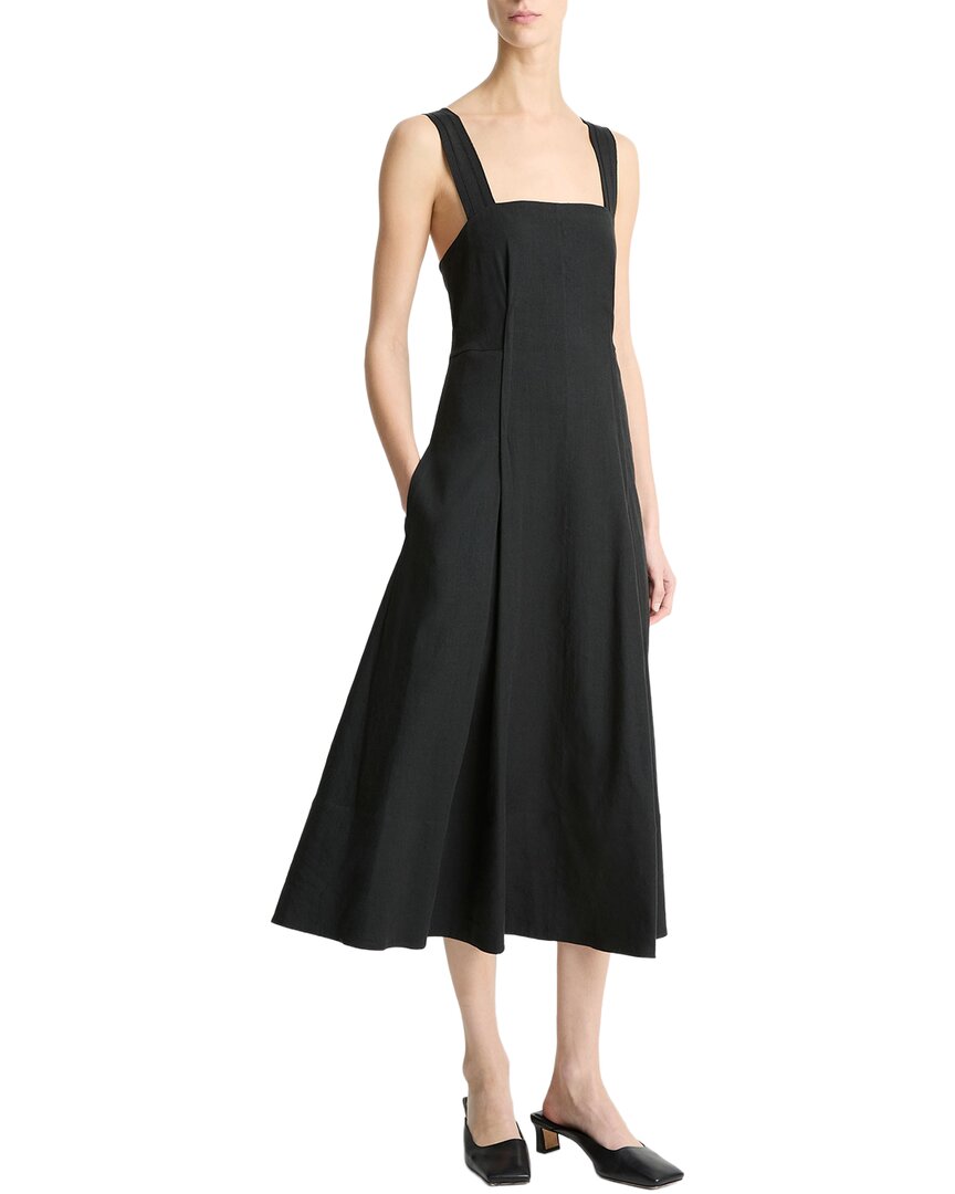 Vince Square Neck Linen-blend Tank Dress In Black