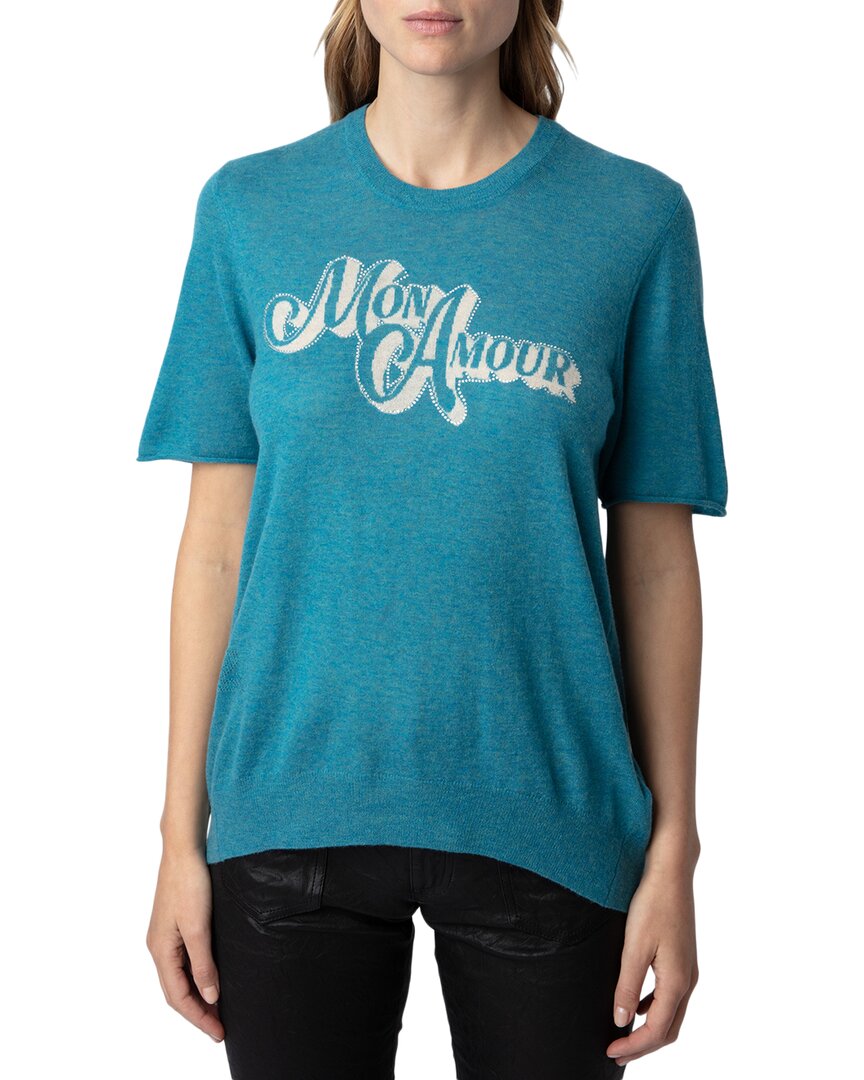 Zadig & Voltaire Mon Amour Embellished Short Sleeve Cashmere Sweater In Blue
