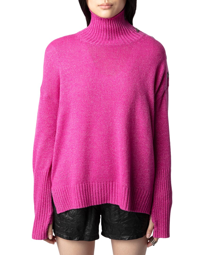 Zadig & Voltaire Alma Button-shoulder Metallic Cashmere Sweater In Pink