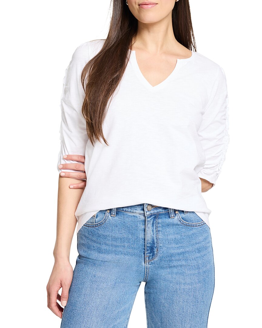 Nic + Zoe Nic+zoe Ruched Elbow Sleeve Split Neck T-shirt In White