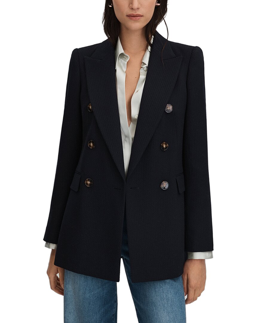 Reiss Navy Tailored Textured Wool Blend Double Breasted Blazer In Black