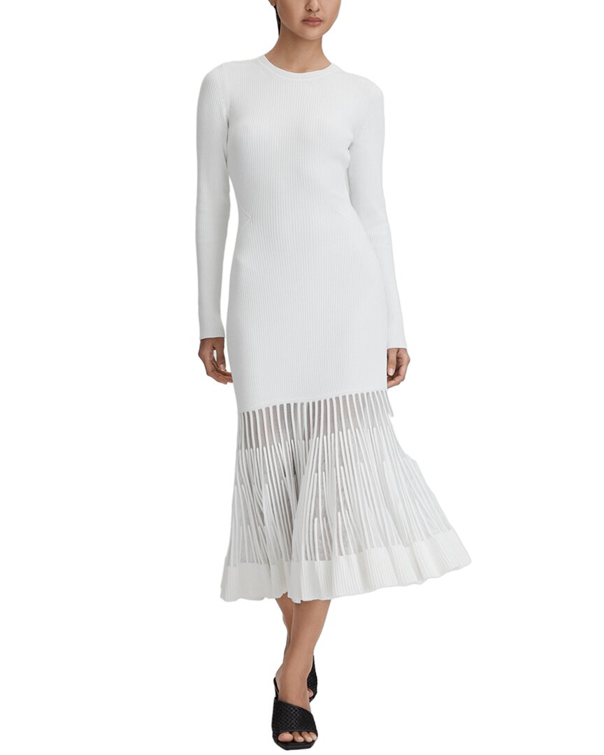 Reiss Cream Tasmin Knitted Sheer Flared Midi Dress In White
