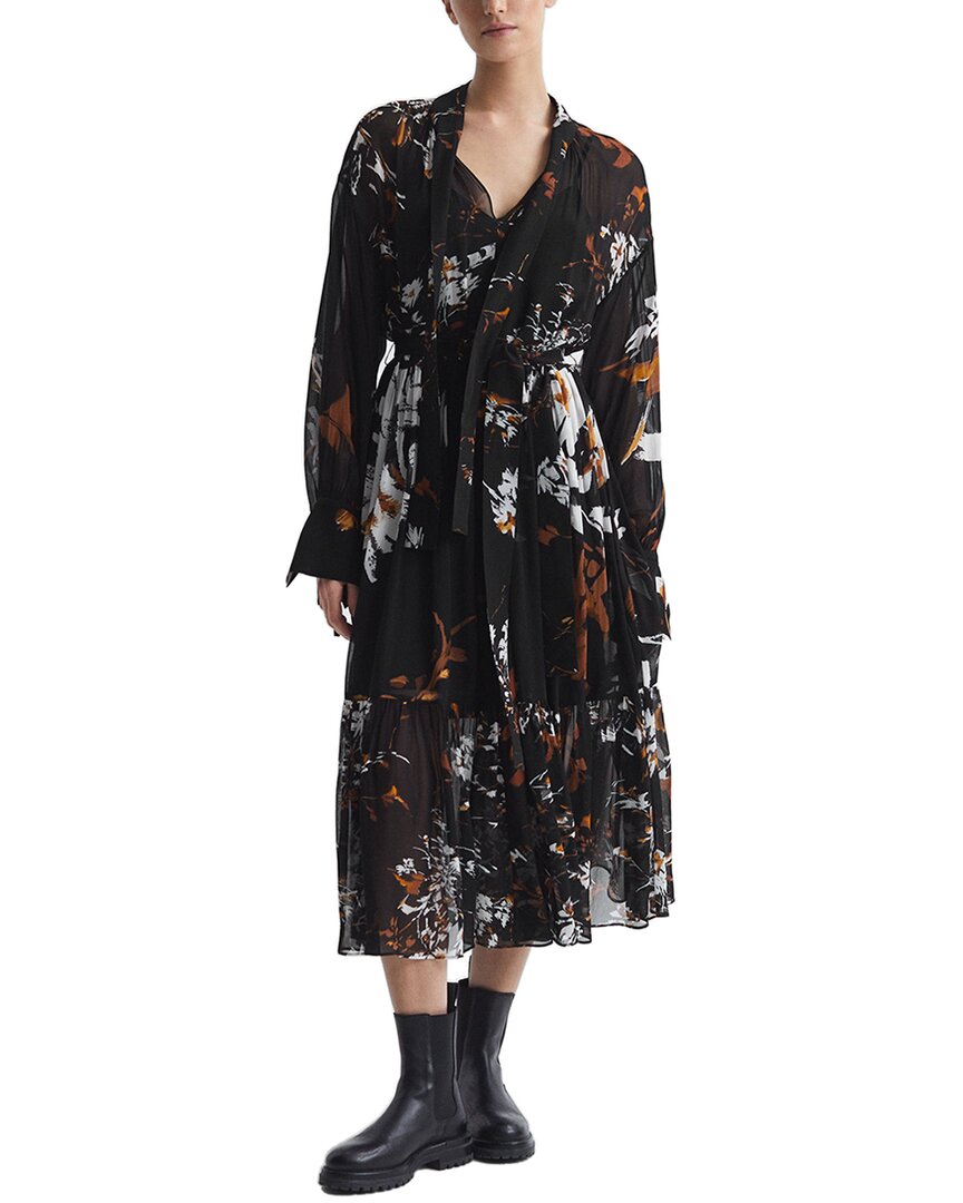 Reiss Charlotte Floral-print Belted-waist Woven Midi Dress In Black
