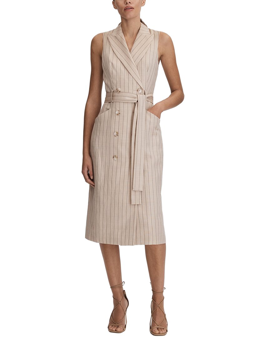 Reiss Neutral Wool Blend Striped Double Breasted Midi Dress In Neutral