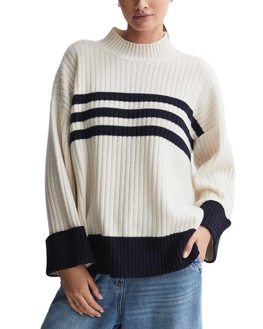 Reiss Cream/navy Ribbed Wool Funnel Neck Jumper In White