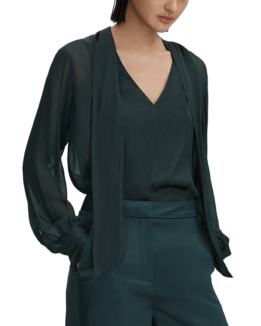Reiss Lula Satin Tie Neck Blouse In Green