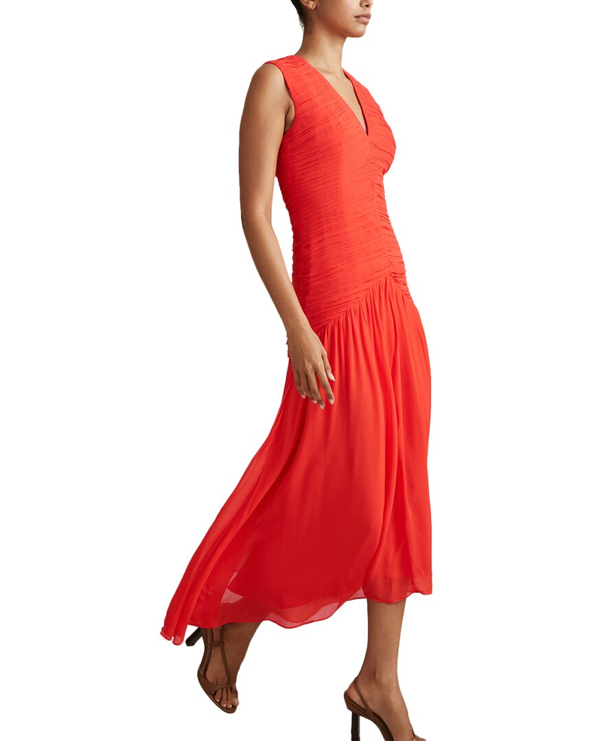 Reiss Coral Saffy Ruched Bodycon Midi Dress In Orange