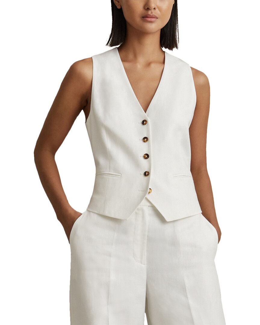 Reiss White Lori Viscose Linen Single Breasted Suit Waistcoat In White