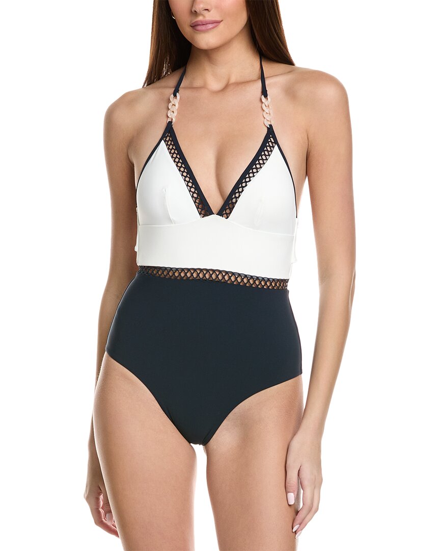 Reiss Navy Colourblock Halter Swimsuit In Multi