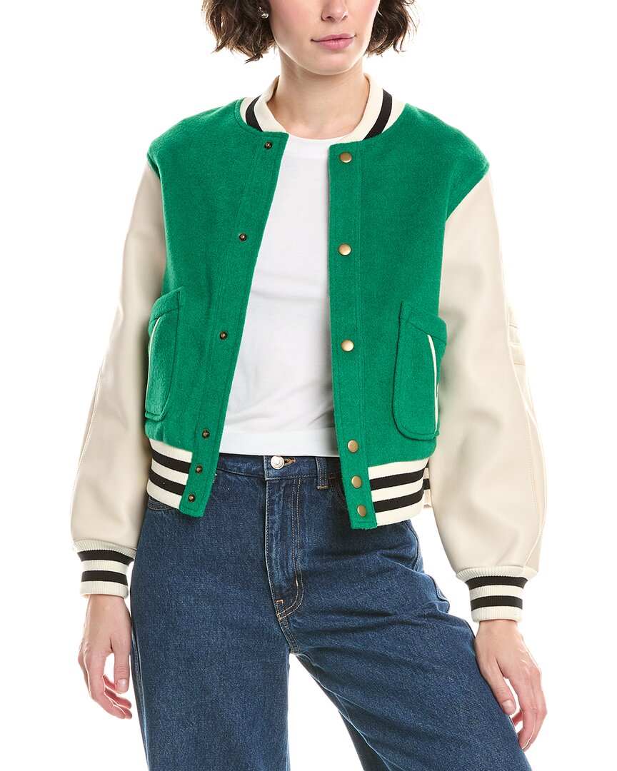 The Great Varsity Wool & Leather-blend Bomber Jacket In Green
