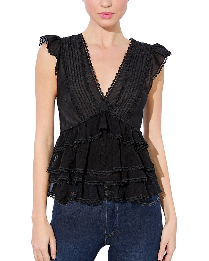 Alice And Olivia Alice + Olivia Blanche V Neck Ruffle Silk-blend Swing Top In Black
