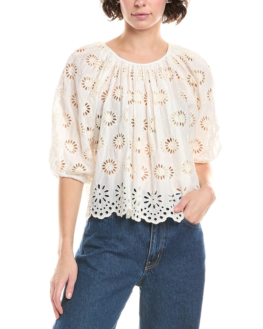 Madewell Embroidered Shirred Puff Sleeve Top In White