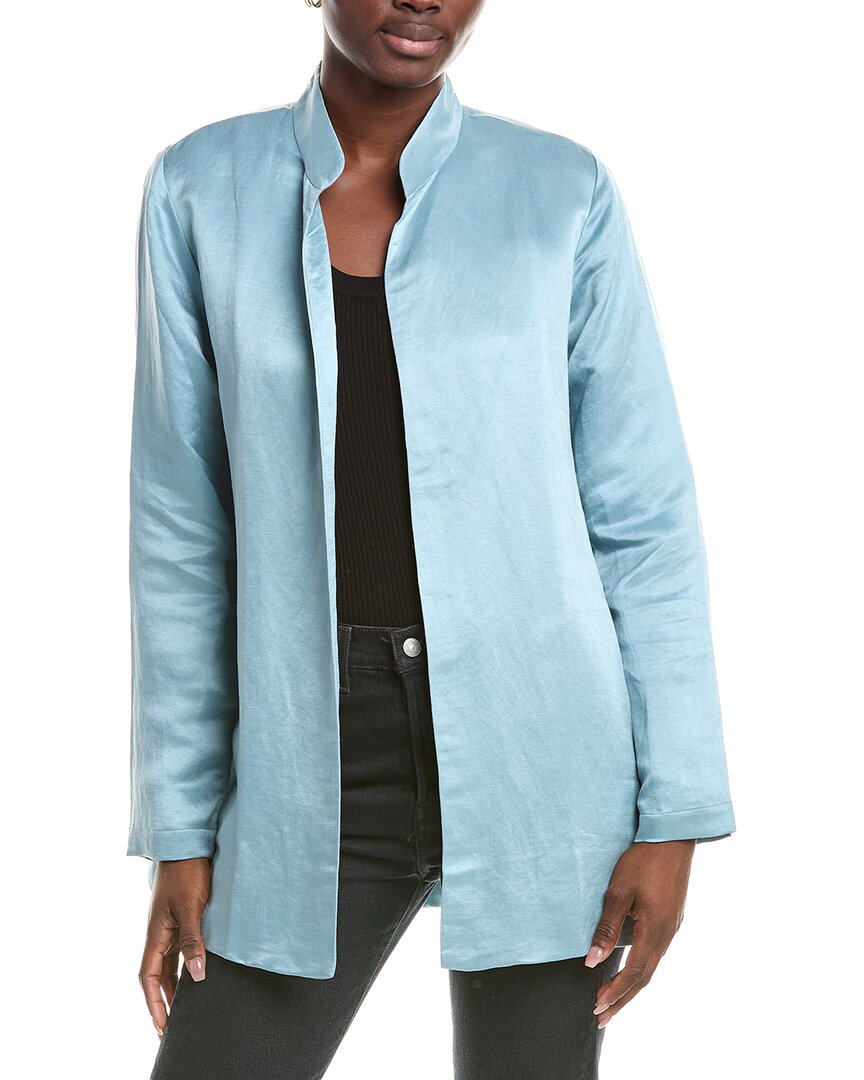 Eileen Fisher Stand Collar Linen & Silk-blend Long Jacket In Blue