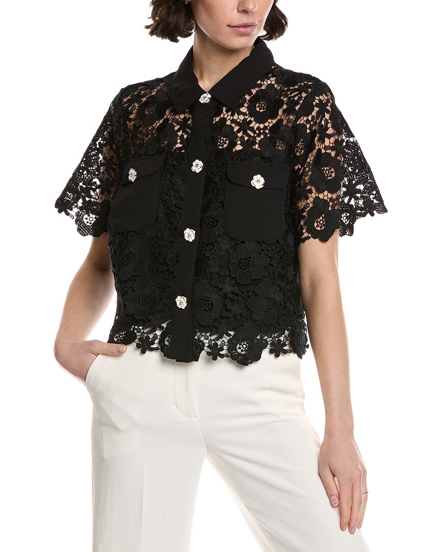 Cece Patch Pocket Short Sleeve Lace Button Down In Black