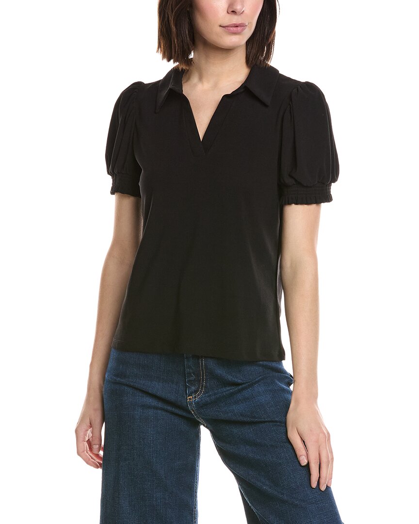 Cece Split Neck Collared Top In Black