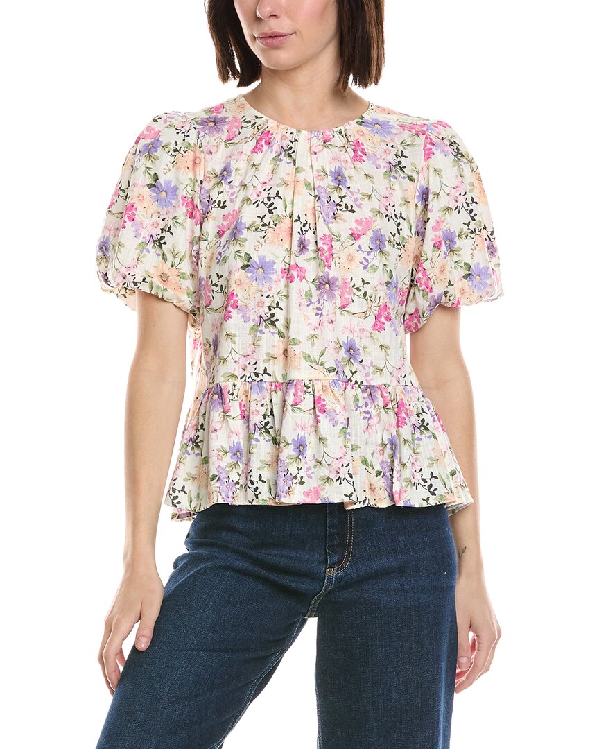 Cece Puff Shirred Sleeve Crewneck Linen-blend Peplum Blouse In Ivory