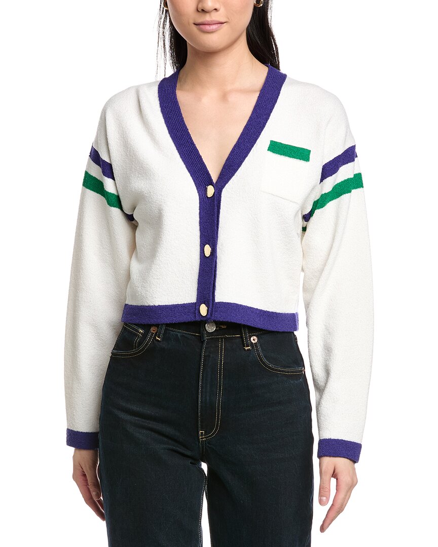 St John St. John Two Stripe Cropped V-neck Wool-blend Cardigan In White