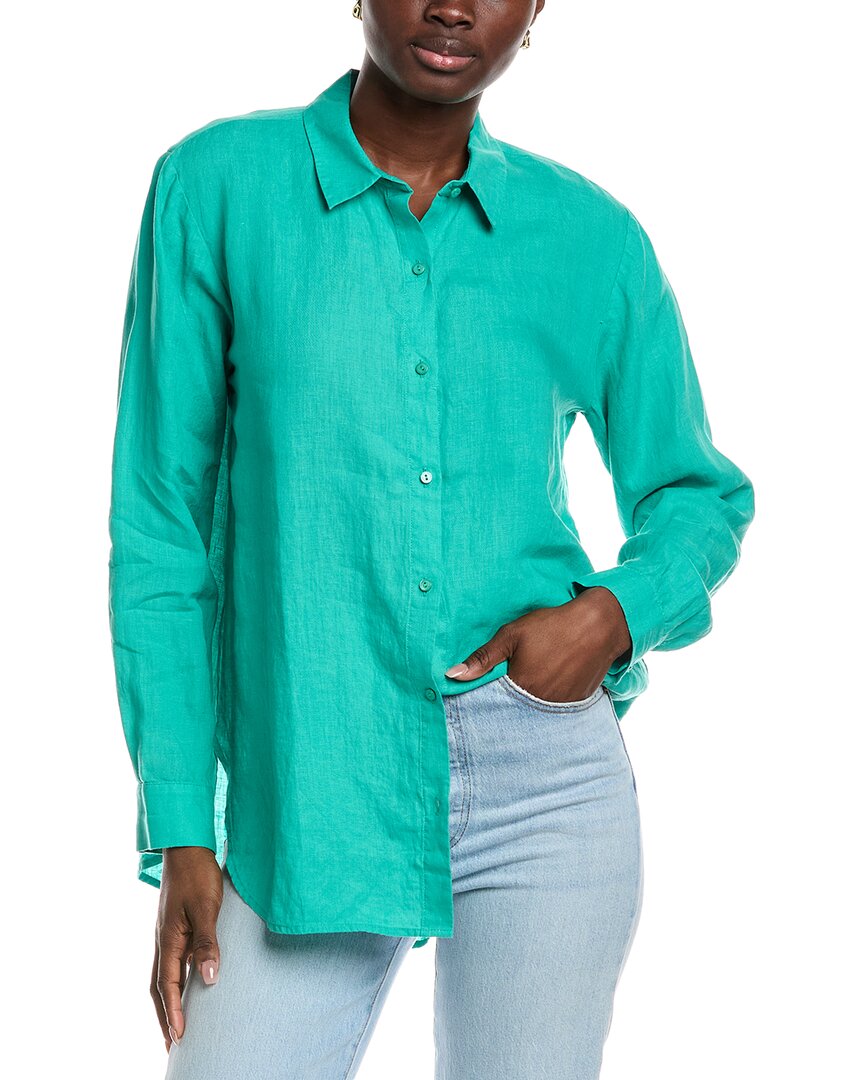 Eileen Fisher Classic Long Organic Linen Button-up Shirt In Green