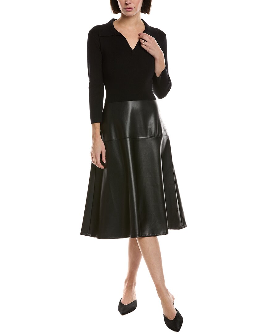 T Tahari Mixed Media A-line Midi Dress In Black