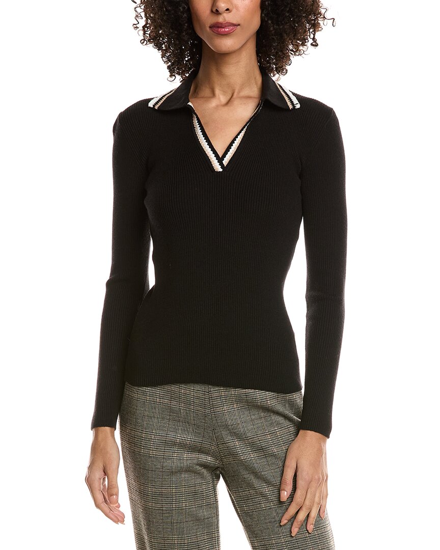 T Tahari Collar Rib Polo Sweater In Black