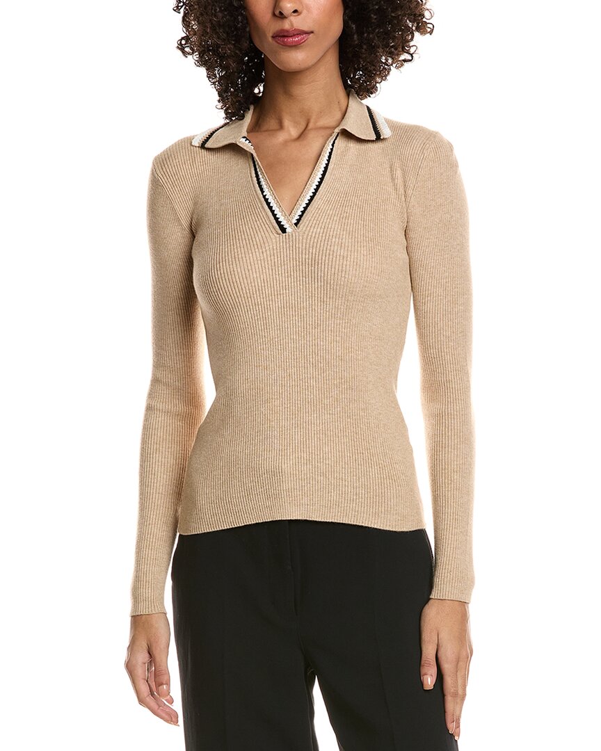 T Tahari Collar Rib Polo Sweater In Brown