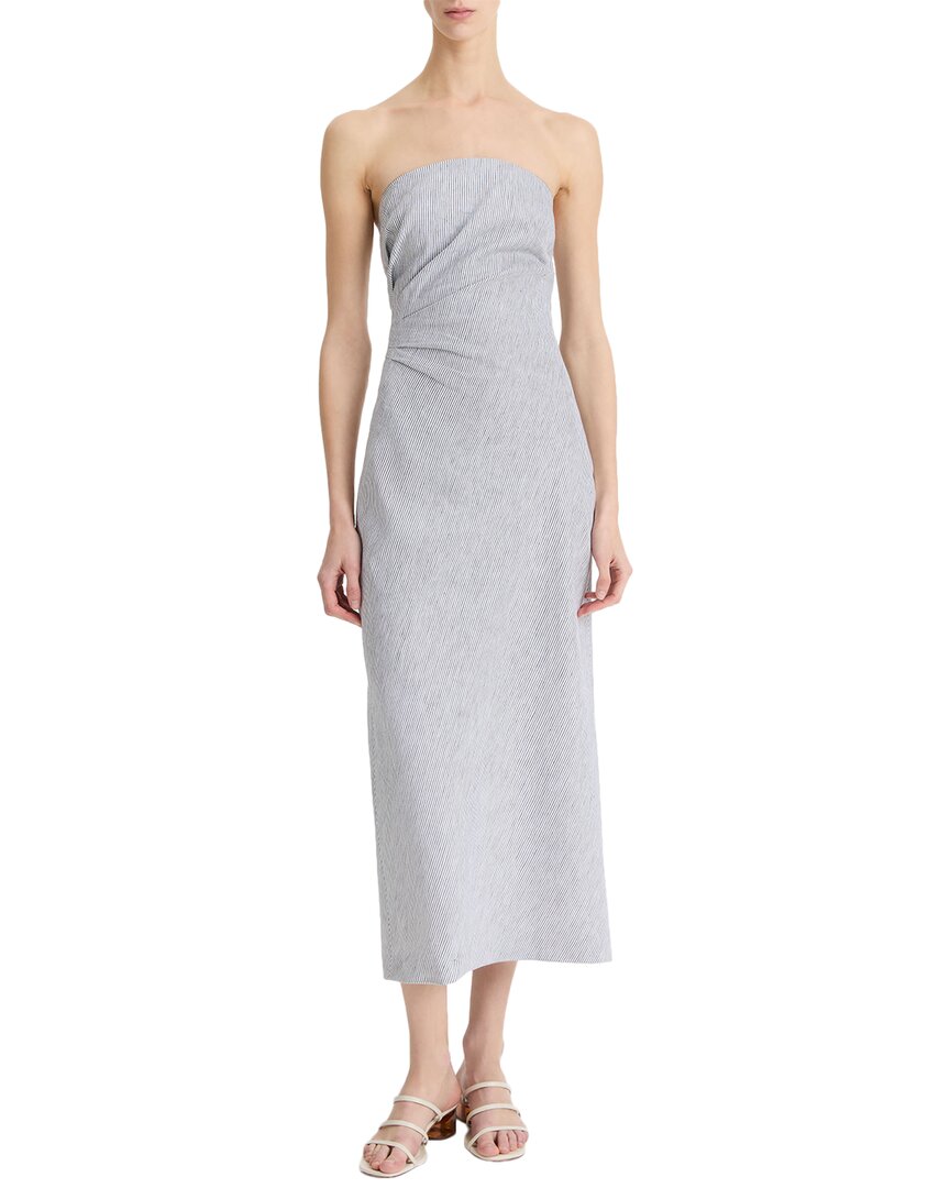 Vince Ticking Stripe Drape Front Strapless Linen-blend Dress In Gray