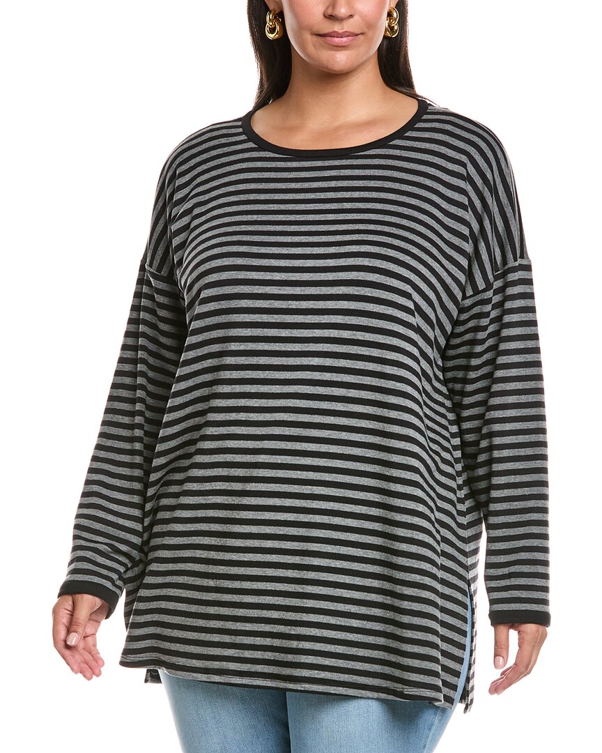 Eileen Fisher Stripe Long Sleeve Crewneck Top In Black