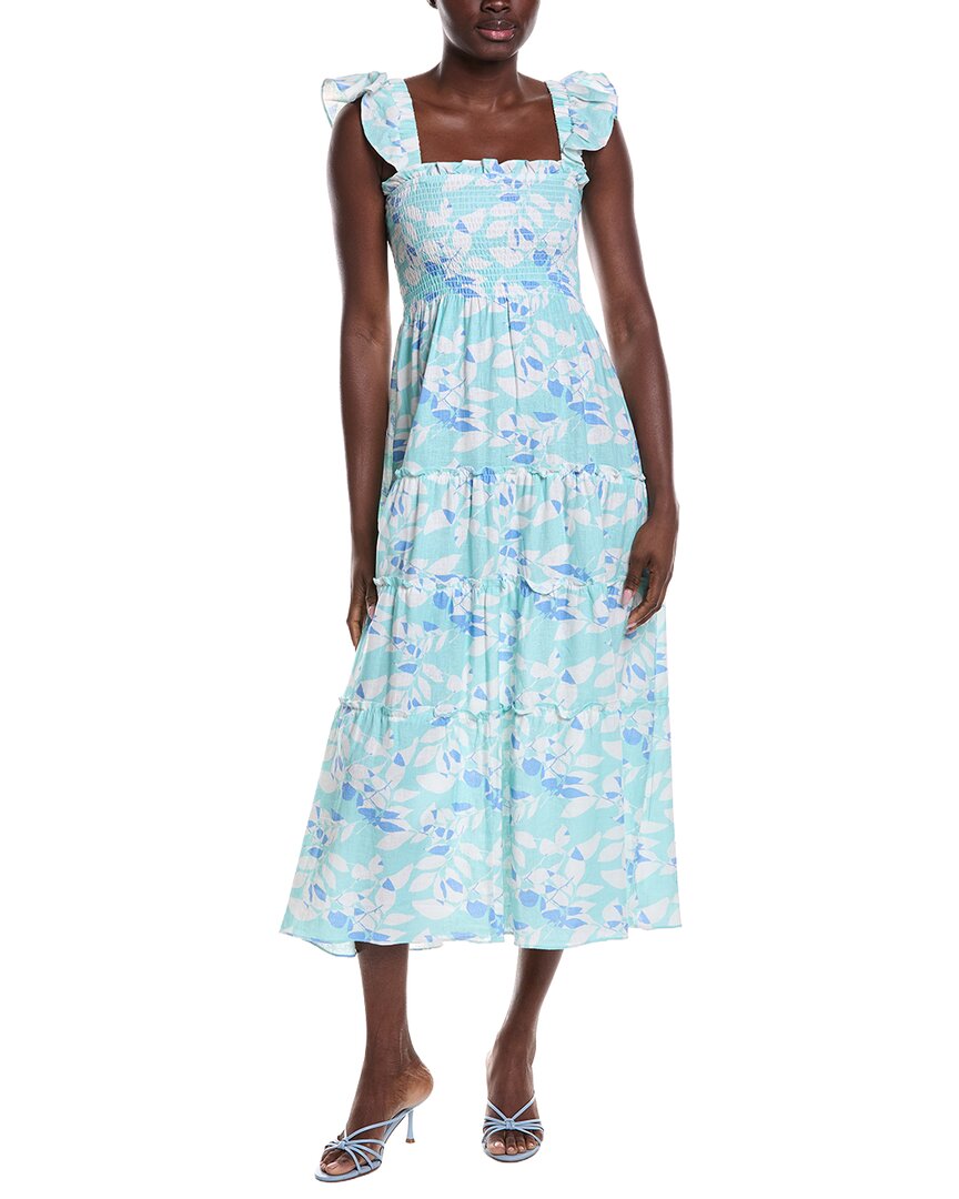 Sail To Sable Flutter Strap Smocked Linen-blend Midi Dress In Blue